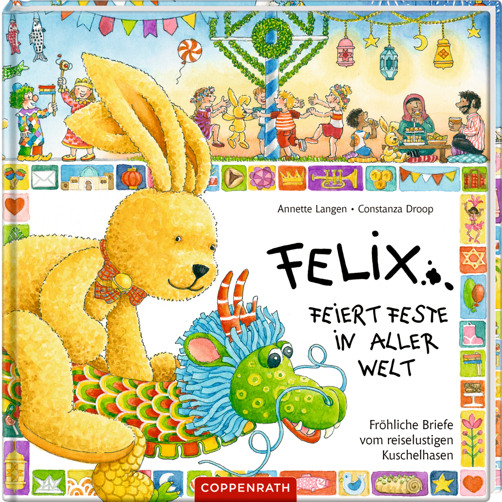 Felix feiert Feste in aller Welt Ein gelber Stoffhase reitet während einer festlichen Feier voller kostümierter Menschen auf einem bunten Drachen.