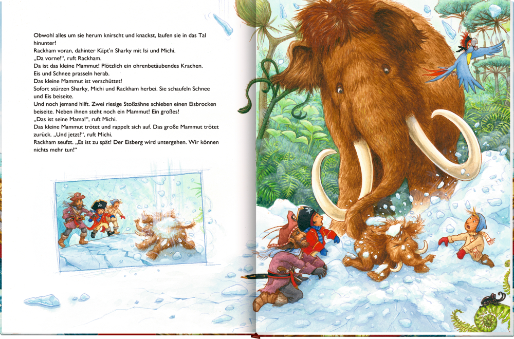 Winterlich eingepackte Piraten sitzen im Schnee, in der Nähe ein großes Mammut mit seinem Kalb, links befindet sich r Text auf der Doppelseite.