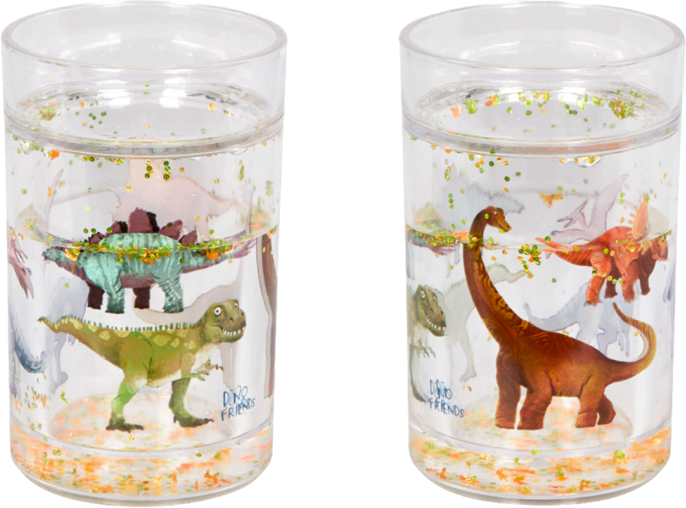 Glitzerbecher - Dino Friends Zwei durchsichtige Becher, jedes mit Spielzeugdinosauriern und Glitzer darin.