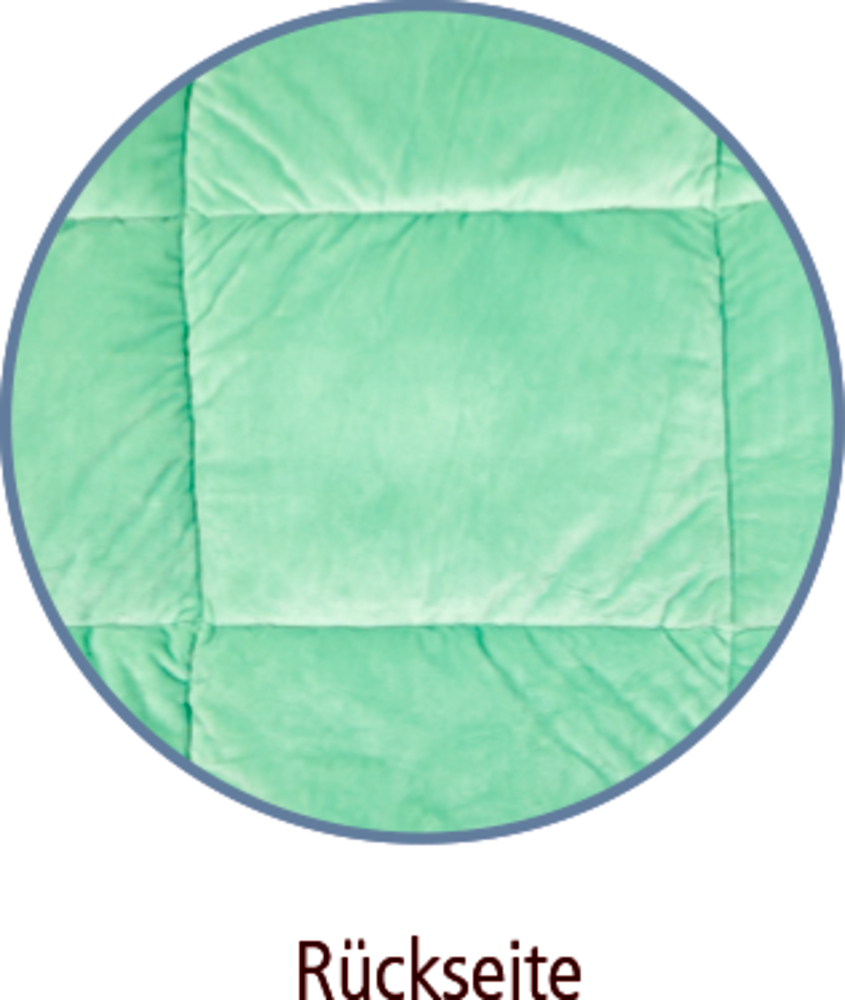 Nahaufnahme eines hellgrünen Steppstoffs mit der Aufschrift „Rückseite“ unten.