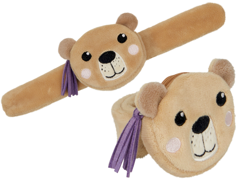 Zwei plüschige, hellbraune Schnapparmbänder mit Fach als Bärenkop und gesticktem Gesicht sowie violette Quaste am Reißverschluss.