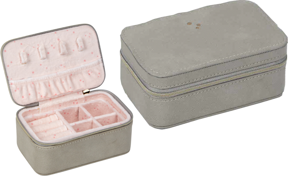 Zwei kleine beige Schmuckschatullen: eine offen mit rosa Fächern, eine geschlossen.