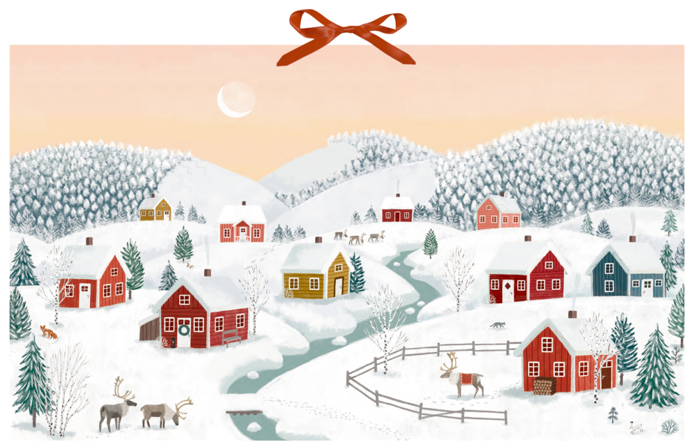 Winterhäuser, Wand-Adventskalender Verschneite Dorfszene mit bunten Häusern, Rentieren, Bäumen, Hügeln und einem Band oben drauf.