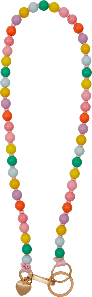 Schlüsselanhänger mit langer Kette aus rosa, grünen, gelben, orangefarbenen und violetten Perlen, goldenem Herzanhänger und Verschluss. 
