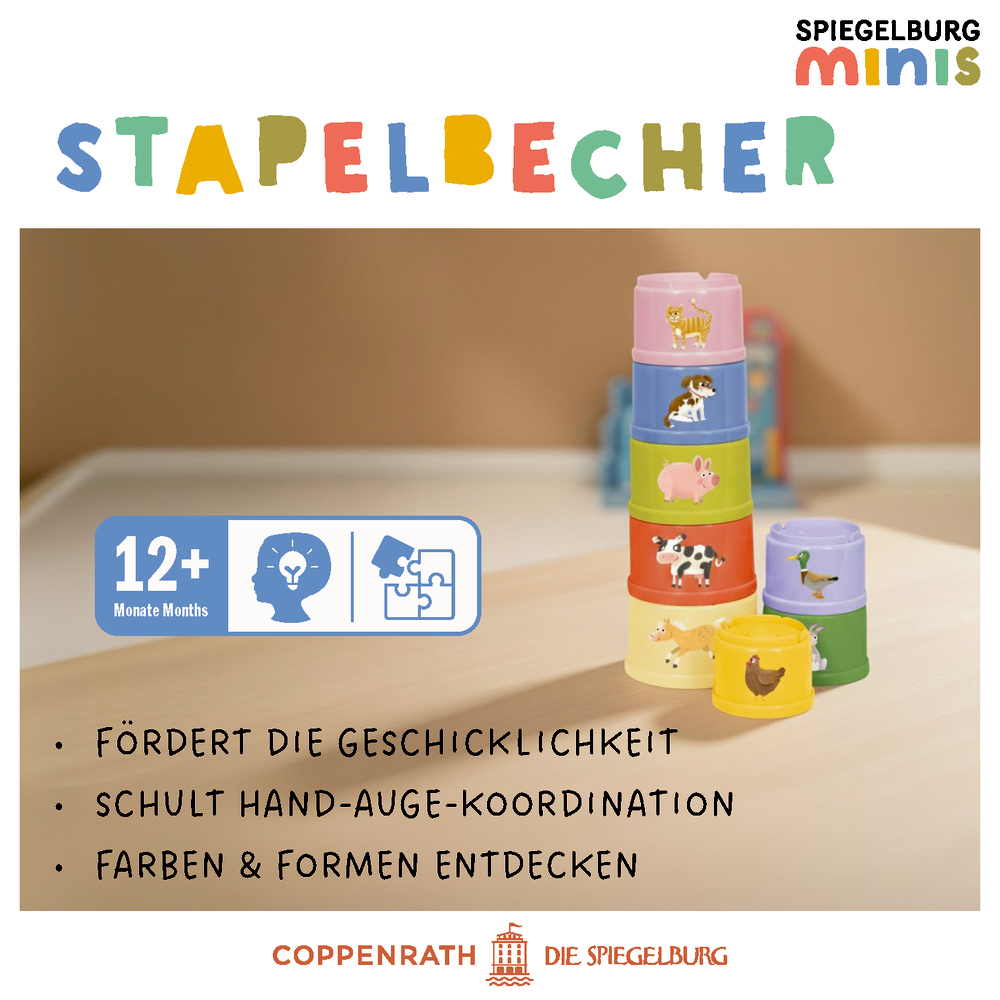 Bunte Stapelbecher mit Tierbildern stehen auf einem Tisch.