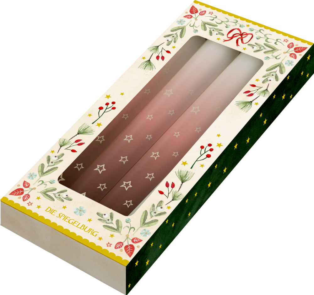 Zwei Ombre-Stabkerzen in rosa mit weißen Sternen in festlicher Weihnachtsverpackung mit Blumenmuster.