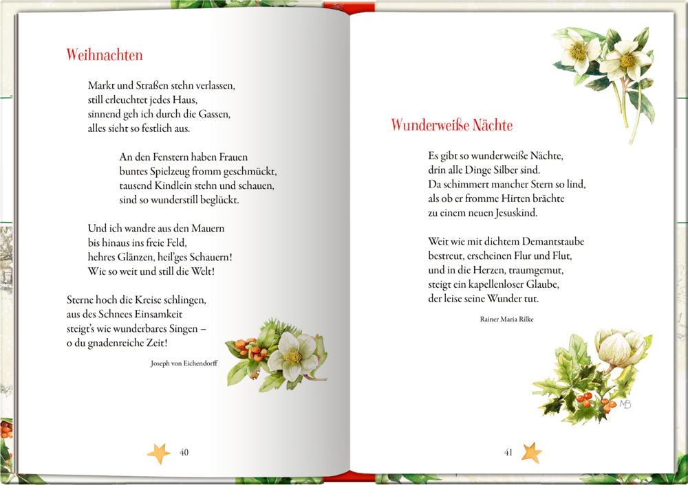 Offenes Buch mit  Weihnachtsgedichten und Blumenillustrationen auf beiden Seiten.