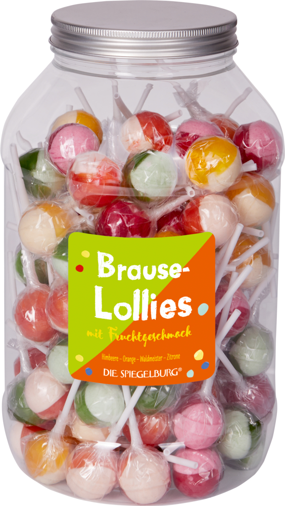 Brause-Lollies mit Fruchtgeschmack Bunte Geschenke Ein durchsichtiges Glas mit bunten, runden Lutschern mit weißen Stielen und einem grün-orangen Etikett auf der Vorderseite.