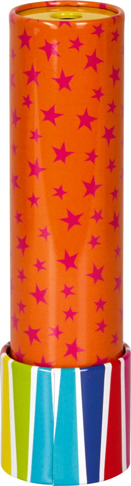 Buntes Kaleidoskop mit orangefarbenem Körper, roten Sternen und mehrfarbigen Streifen am Sockel.