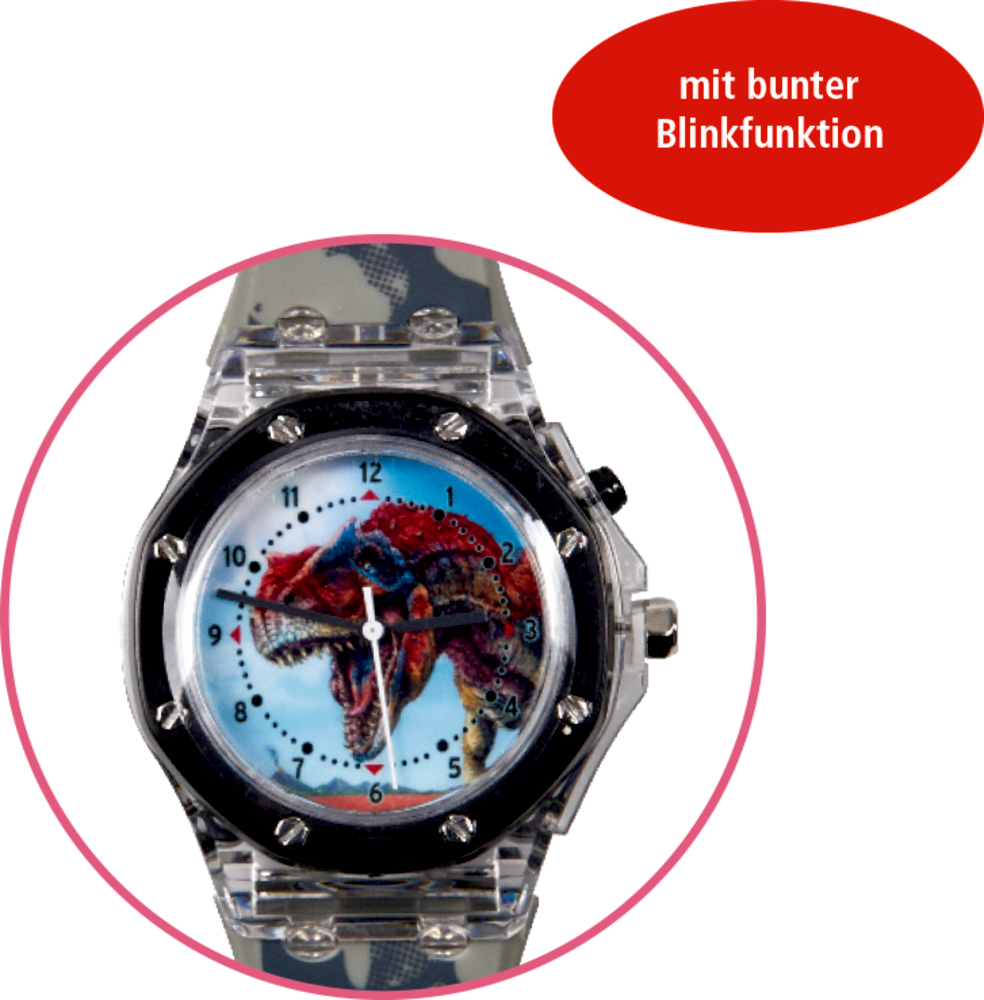 Dinosaurier-Armbanduhr für Kinder mit bunten blinkenden Lichtern in einem rosa Kreis.