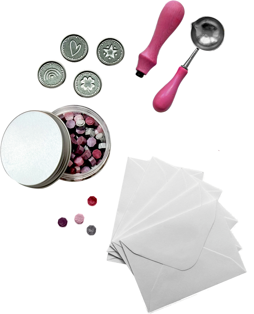 Infografik zu den Merkmalen eines Wachssiegel-Sets mit Bildern von vier verschiedenen Siegelwachs-Motiven.