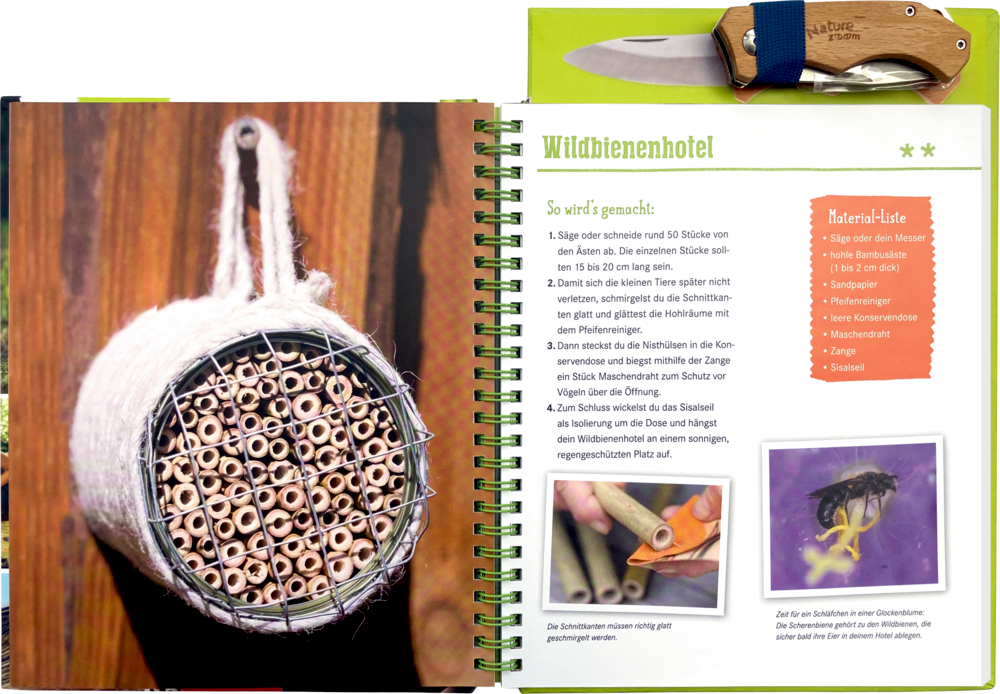 Anleitung für ein Wildbienenhotel, Bienenhaus aus Bambusstäben in einer Konservendose im Buch gezeigt.