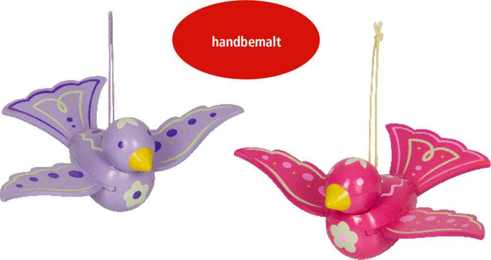 Zwei bunte Holzvogel-Anhänger, einer lila, einer rosa, mit Schriftzug „handbemalt“ darüber.