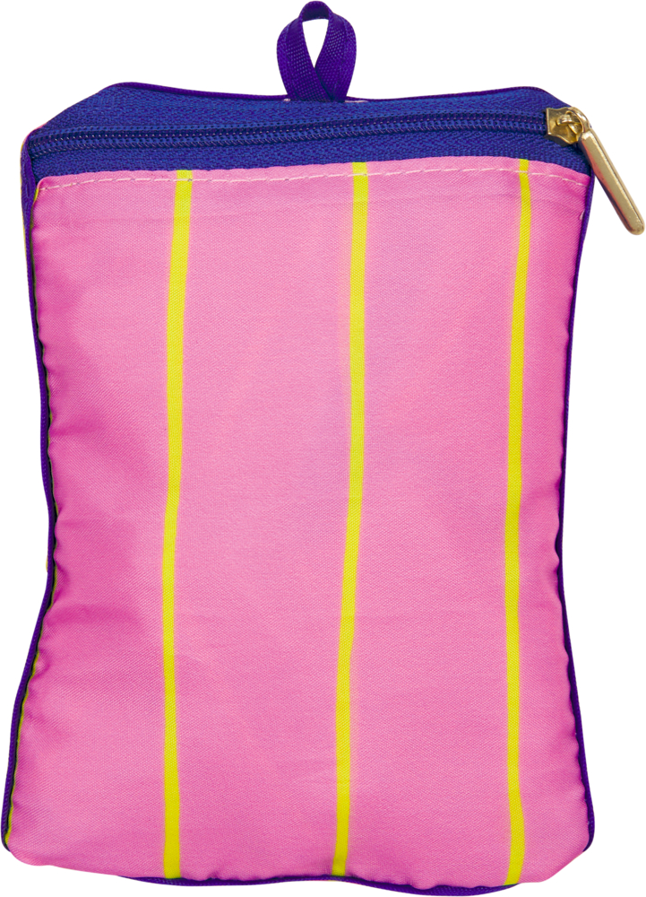 Klein-verpackte rosa Tasche mit Reißverschluss, gelben vertikalen Streifen und lila Rand.