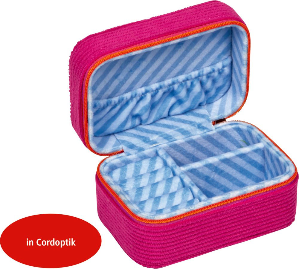 Offene Schmuckschatulle aus pinkem Cord mit blau gestreifter Innenseite und unterteilten Fächern.