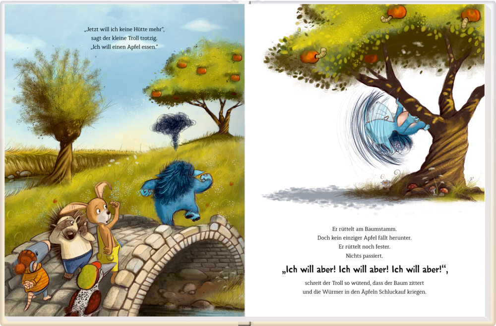 Blauer Troll mit verschränkten Armen und mürrischem Gesicht auf dem Cover des Buches „Der Grolltroll“.