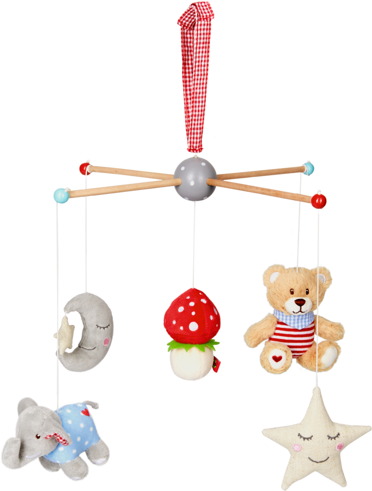 Mobile BabyGlück Baby-Mobile mit Plüschmond, Pilz, Teddybär, Elefant und Stern, die an Holzarmen hängen.