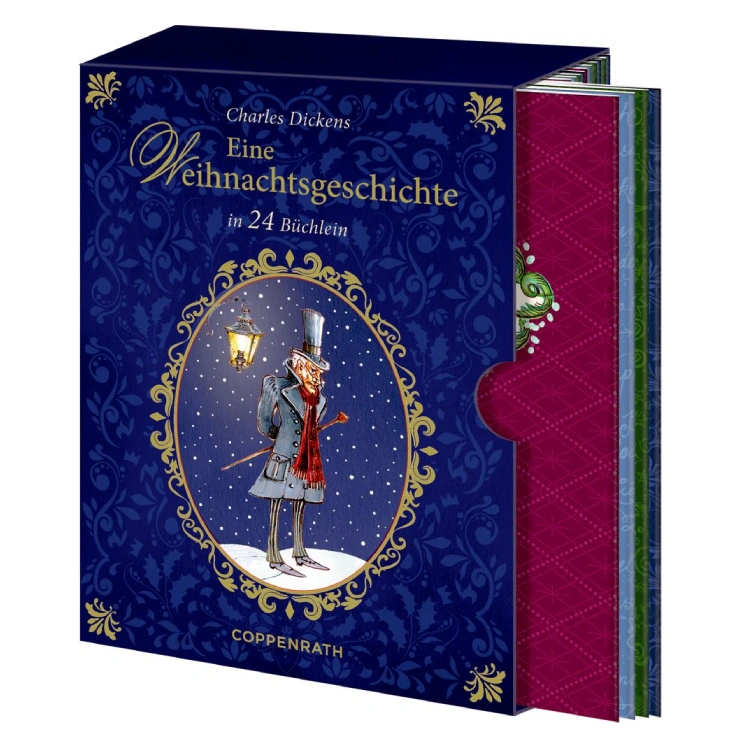 Dunkelblaue Buchbox mit herausschauenden Büchern und nostalgischer Gestaltung.