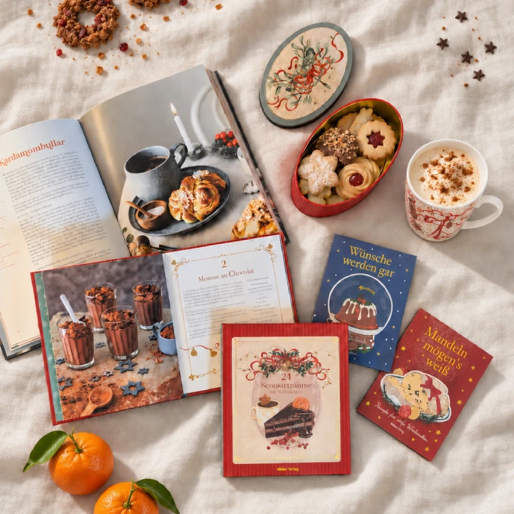 Weihnachtliche Back- und Kochbücher, teils geschlossen, teils aufgeschlagen neben Keksen auf einer Tischdecke von oben.