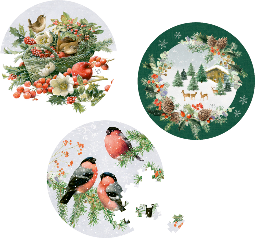 Mini-Puzzle Zauberhafter Winterwald (55 T.) - Bastin Drei runde Winterpuzzles: Vögel und Beeren, Hirsche bei der Hütte, Gimpel auf verschneiten Kiefern.