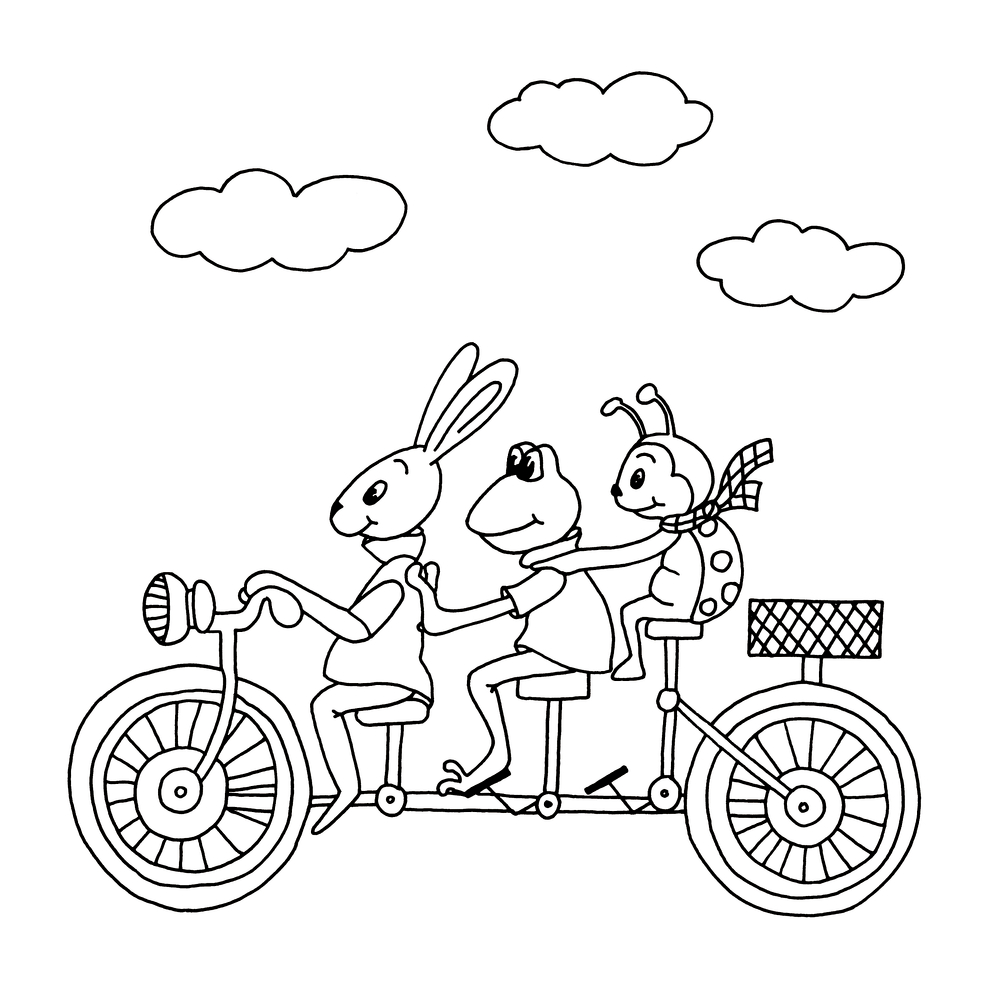 Ein Kaninchen, ein Frosch und ein Marienkäfer fahren zusammen auf einem Tandem unter drei Wolken.