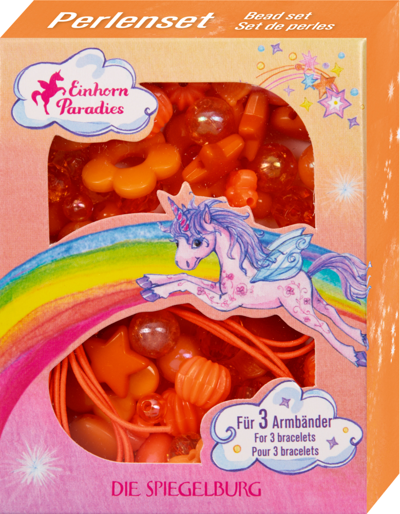Perlenset Orange - Einhorn-Paradies Schachtel mit orangefarbenen Perlen für Armbänder, mit bunten Einhorn- und Regenbogenmotiven auf der Verpackung.