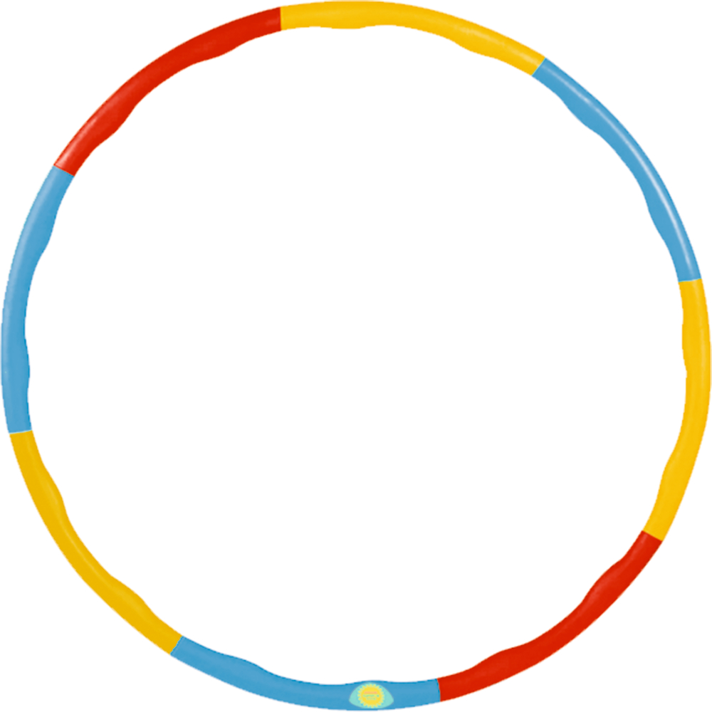 Ein Hula-Hoop-Reifen mit blauen, roten und gelben Segmenten vor weißem Hintergrund.