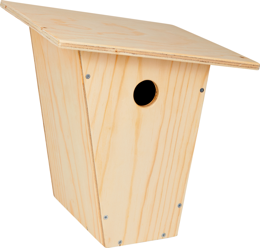Ein hölzernes Vogelhaus mit schrägem Dach und Loch auf der Vorderseite.