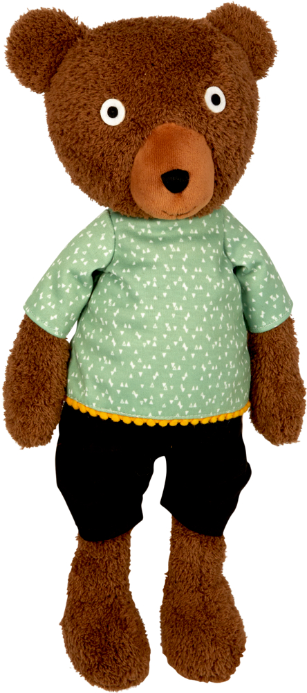 Plüschiger brauner Teddybär in einem grünen Hemd mit weißem Muster und kurzer, schwarzer Hose.