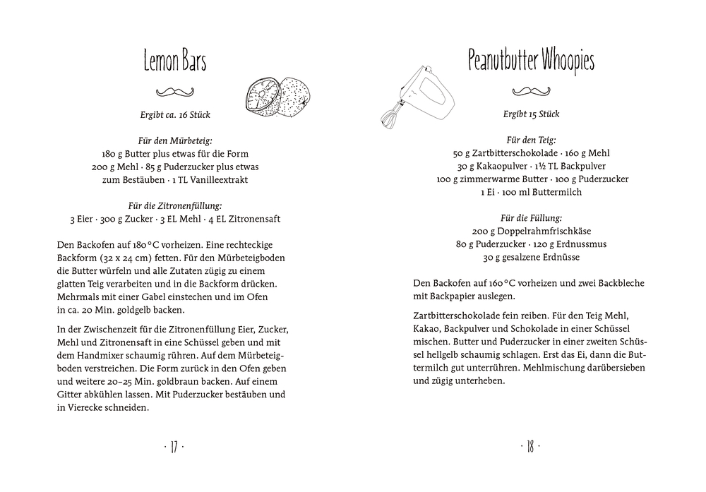 Zitronenriegel und Erdnussbutter-Whoopies: Zutaten, Anleitung und einfache Abbildungen auf jeder Rezeptseite.