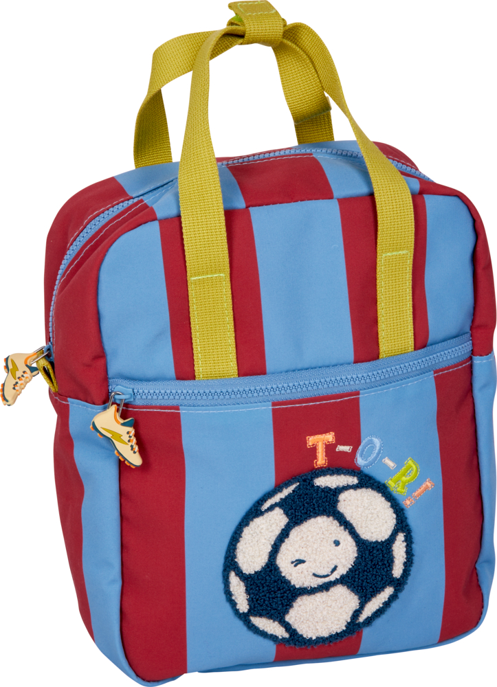 Rucksack Fußball - Kleine Freunde Kinderrucksack mit rot/blauen Streifen, gelben Griffen und einem lächelnden Fußball auf der Vordertasche.
