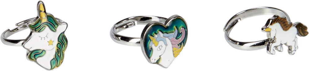 Stimmungsring Einhorn-Paradies Drei silberne Ringe mit farbenfrohen Einhorn-Designs: ein Einhornkopf, ein herzförmiges Einhorn und ein Ganzkörper-Einhorn.