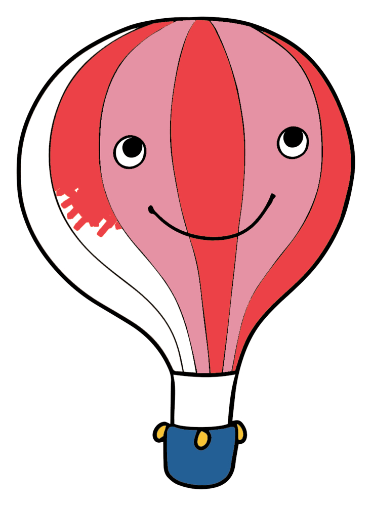 Halb ausgemalter, lächelnder Heißluftballon.