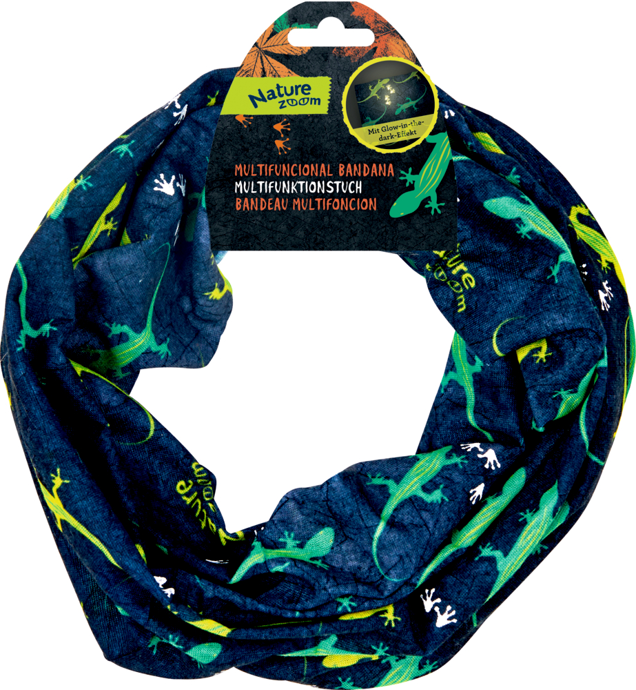 Blaues Multifunktionstuch mit grünem Eidechsen-Print, in Kreisform mit Verpackung abgebildet.