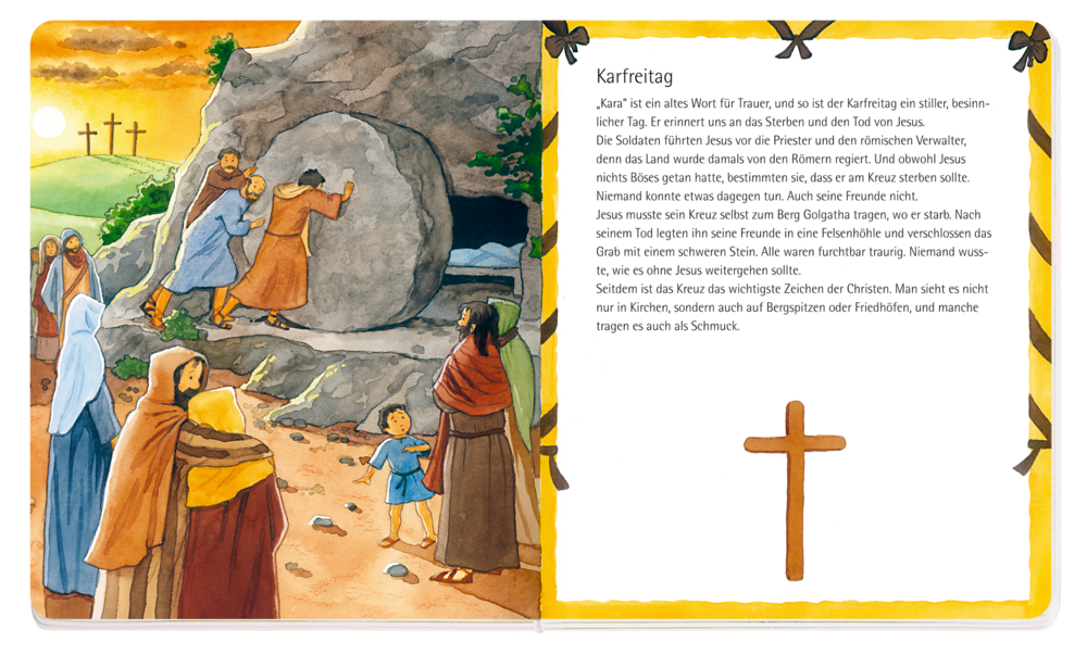 Menschen besuchen Jesus Grab, im Hintergrund Kreuze auf einem Hügel; Text zum Karfreitag.