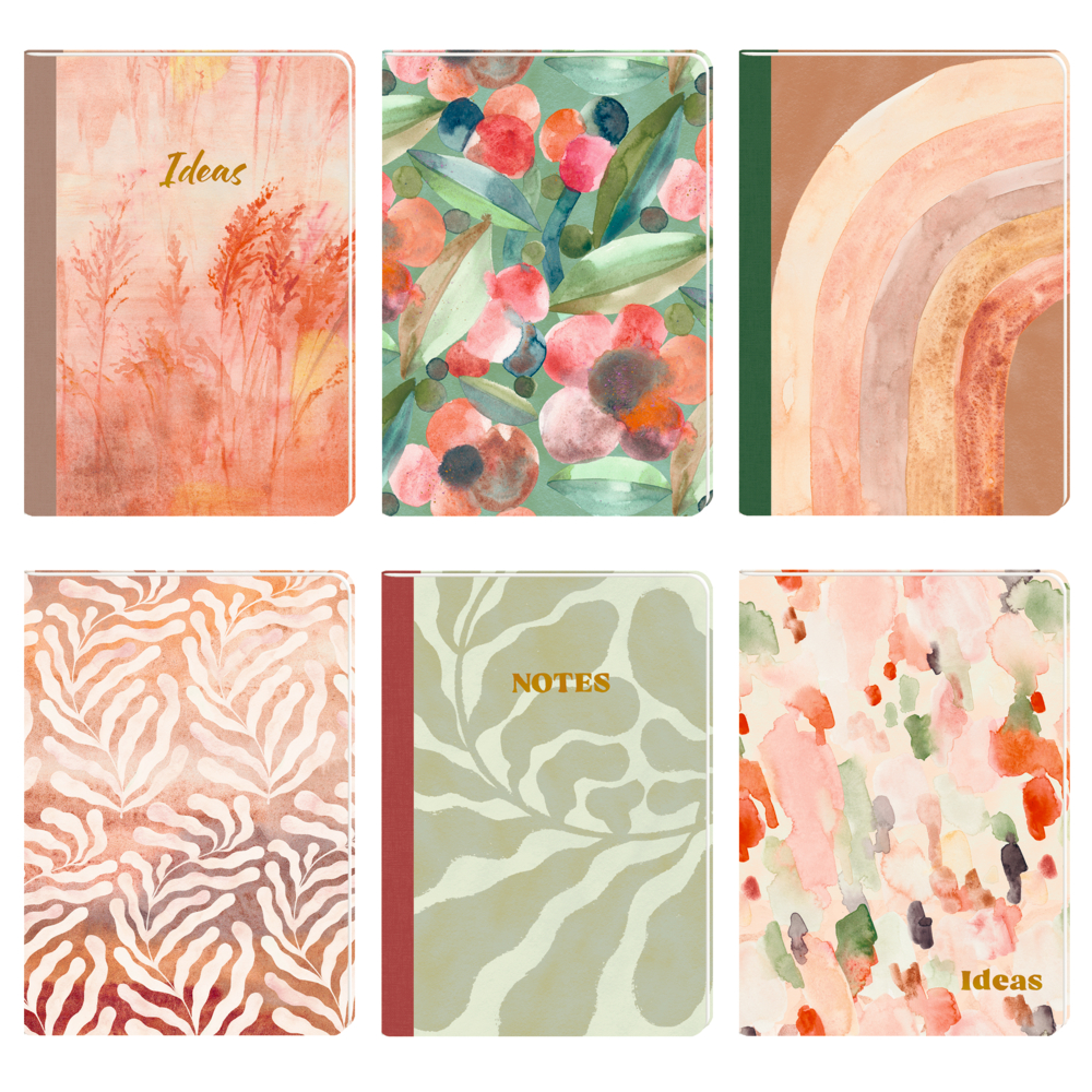 Notizheft DIN A5 - Colours of the Seasons Sechs bunte Notizbücher mit abstrakten oder naturnahen Covern, teils beschriftet mit: Ideas oder Notes.