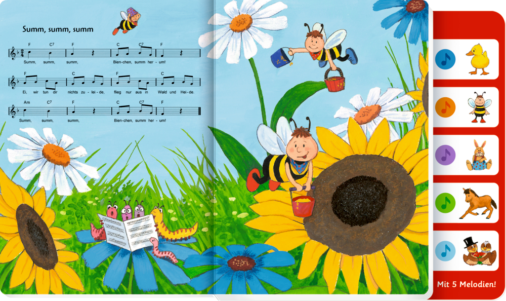 Buchinnenansicht mit Zwei Bienen, die bei großen Sonnenblumen Nektar sammeln, während Würmer aus Notenblättern singen. Rechts sind tierförmige Liedknöpfe aufgereiht.