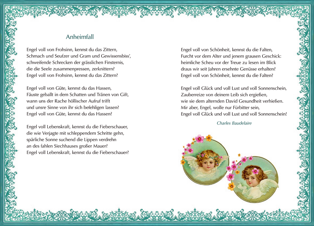 Eine Buchseite mit verziertem Rahmen aus Blumenmotiven und zwei Putten in der unteren rechten Ecke.