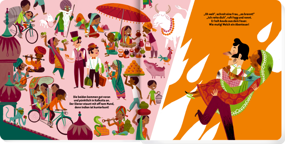 Lebhafter indischer Markt mit Menschen, Tieren, Lebensmitteln; die Frau rechts speit Feuer, auf einer Doppelseite mit Text.