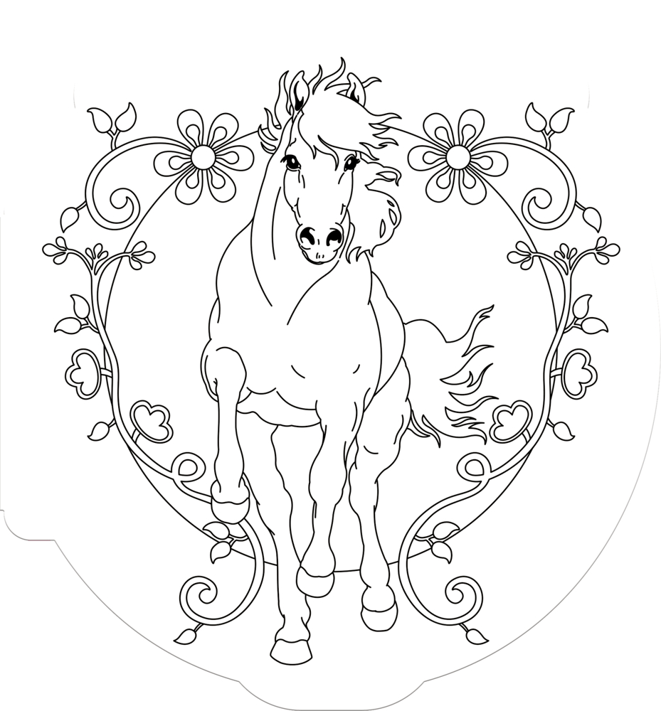 Ausmalbild eines schreitenden Pferdes, umrahmt von floralen und blattförmigen Zierelementen.