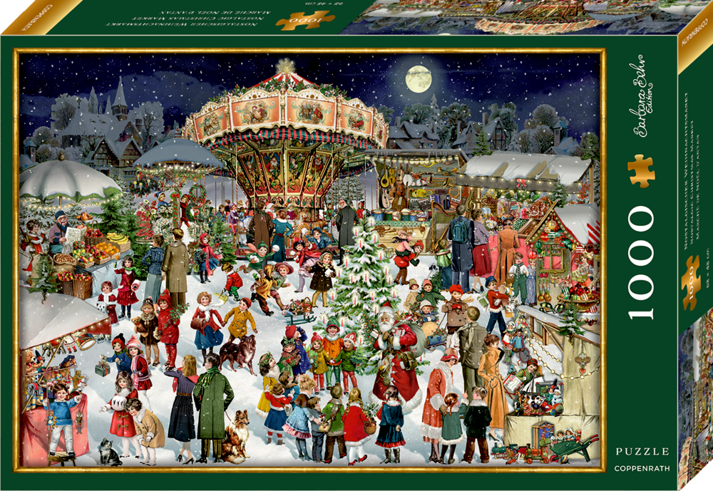 Festliche Winterdorfszene mit Menschen auf einem Weihnachtsmarkt, Karussell und Markt, abgebildet auf einer Puzzlebox.