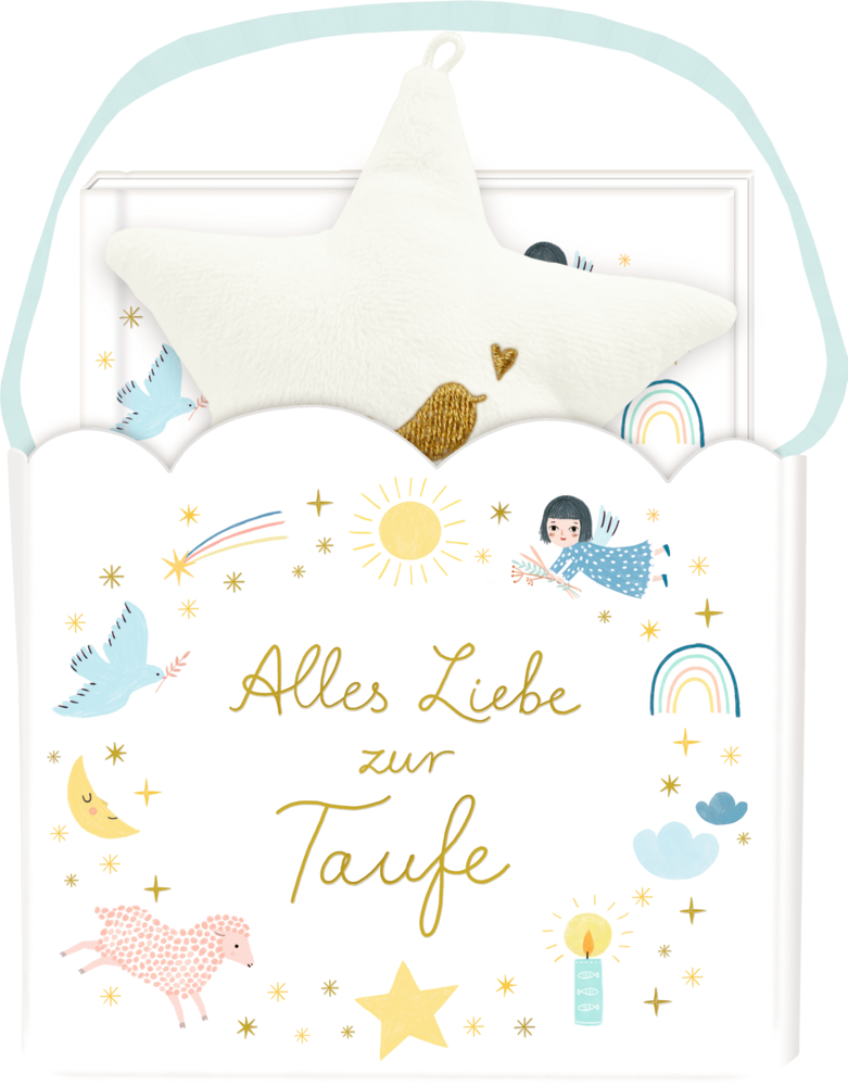 Geschenkset - Alles Liebe zur Taufe Weißer Geschenktüte mit „Alles Liebe zur Taufe“, süßen Stern- und Tierillustrationen, dazu ein weicher Sternplüsch und ein Bilderbuch.