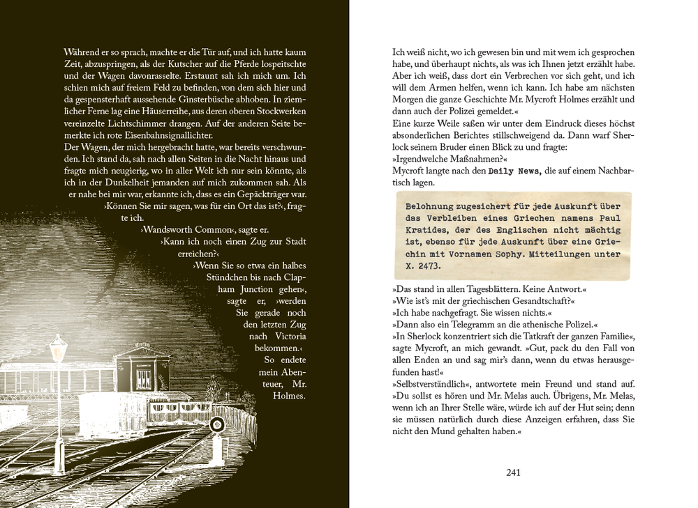 Zwei Seiten aus einem deutschen Buch, die linke Seite zeigt einen Nachtzug am Bahnsteig, mit Text und einer Illustration.