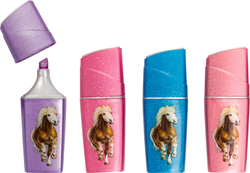 Vier glitzernde Stifte mit Pferdebild; eine lila ohne Kappe, dazu rosa, blauer und pinker Stift mit Kappe.