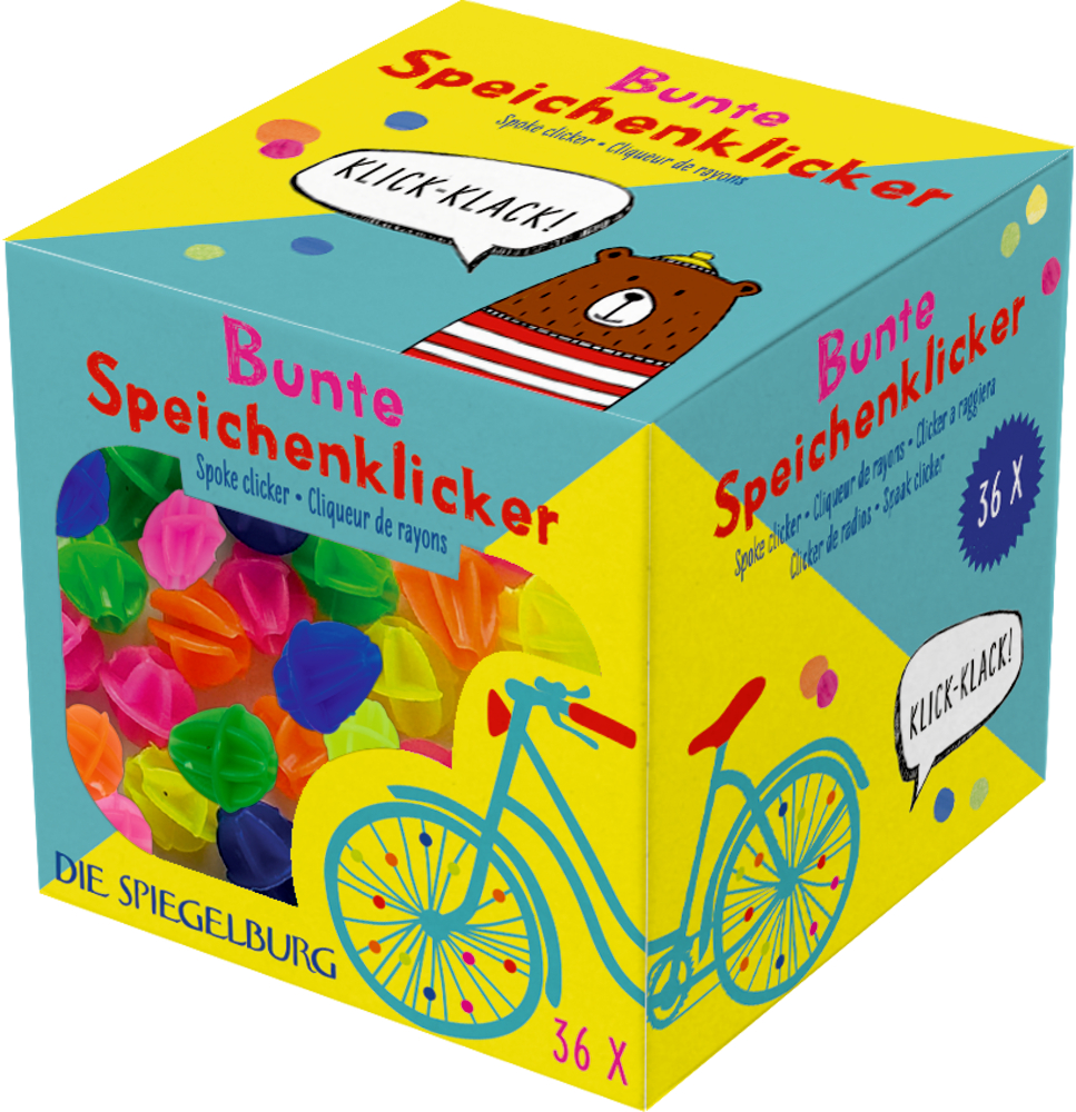 Bunte Speichenklicker - Bunte Geschenke Farbenfrohe Speichenklicker in einer Schachtel mit einer gelben Fahrradillustration auf der Verpackung.