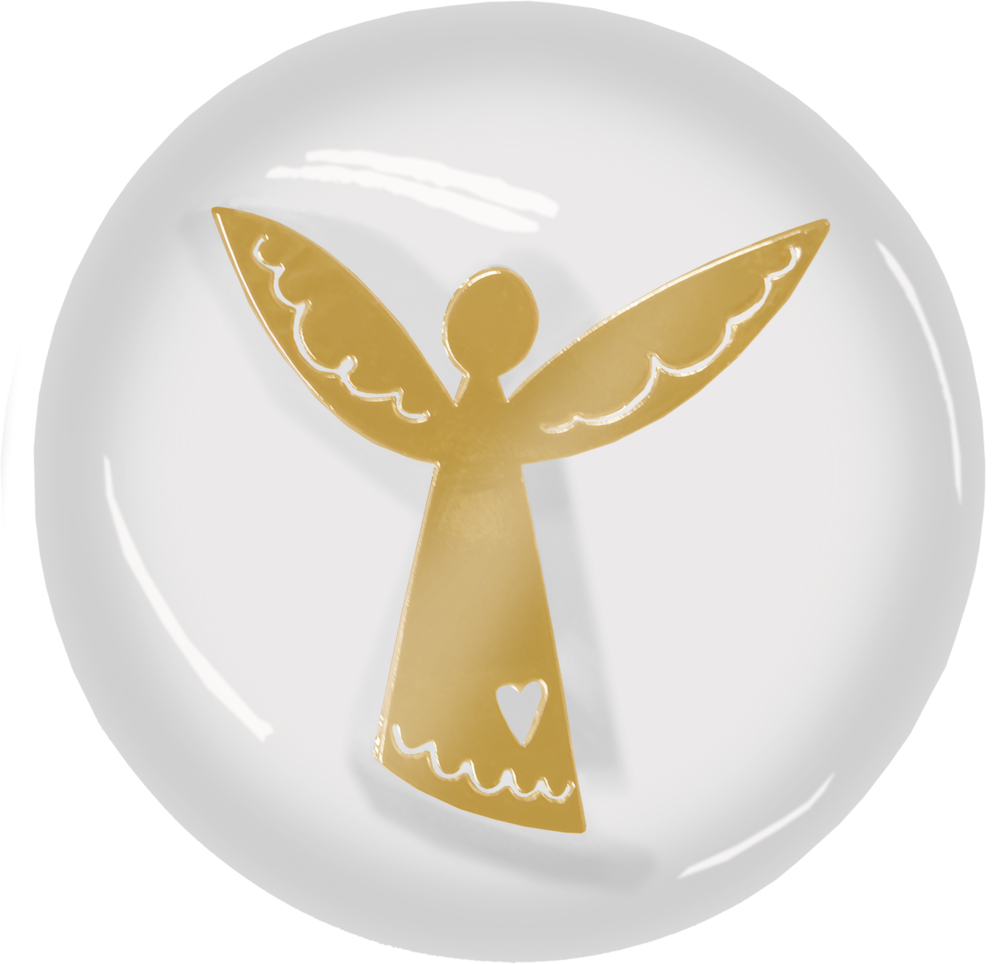 Rundes, transparentes Kunstharzobjekt mit eingegossener goldener Engelfigur.