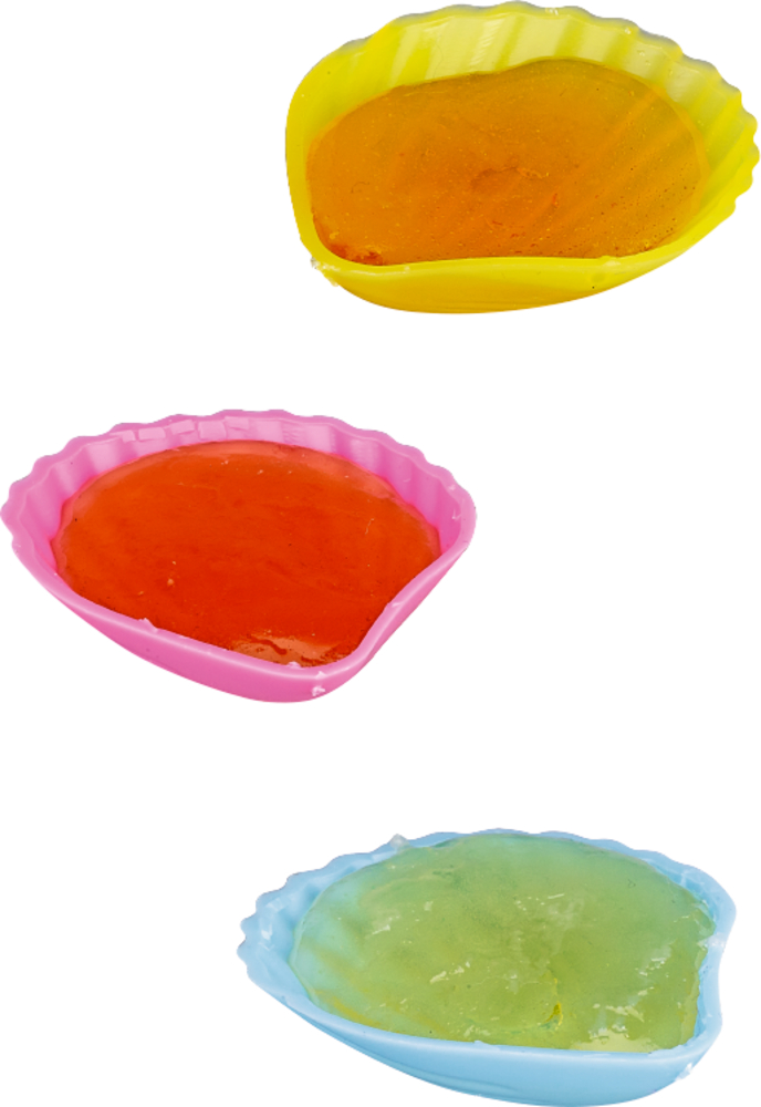 Schleck-Muscheln - Bunte Geschenke Drei muschelförmige Formen in Gelb, Rot und Blau mit bunter Bonbonmasse.