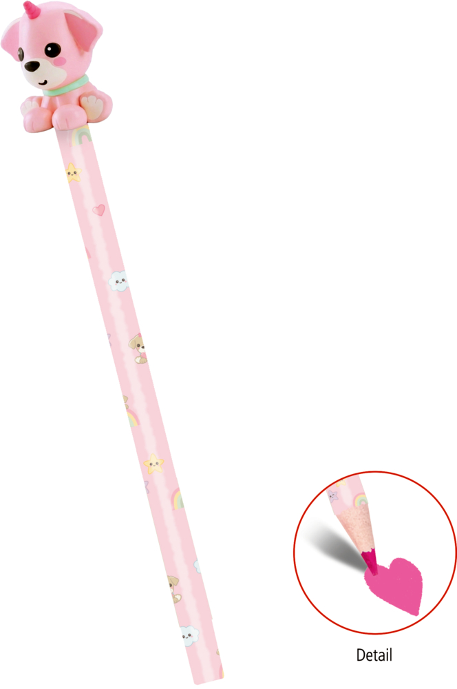 Rosa Buntstift mit Hundfigur mit Einhornhorn als Aufsatz, mit Mustern aus Sternen, Wolken und Regenbögen.