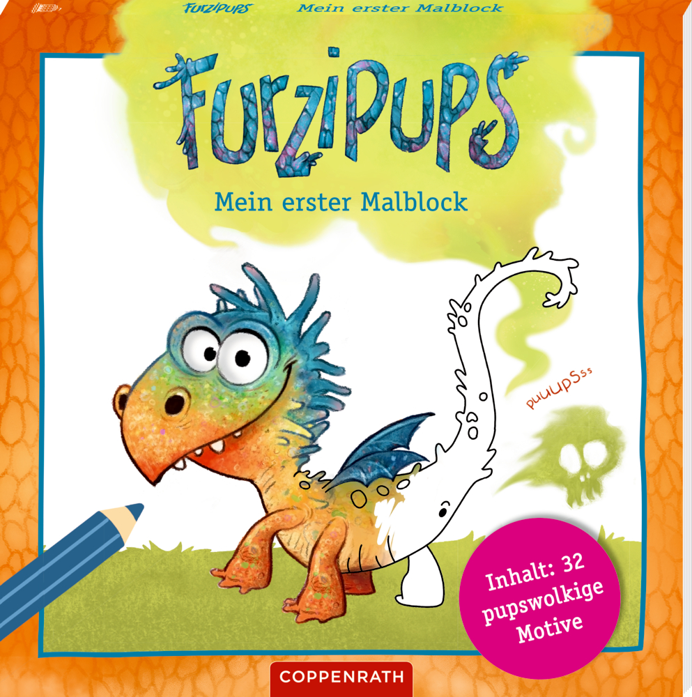 Furzipups: Mein erster Malblock Bunt gezeichneter Drache mit Kulleraugen und Pelzwolke;  Text auf orangem Malbuchcover.