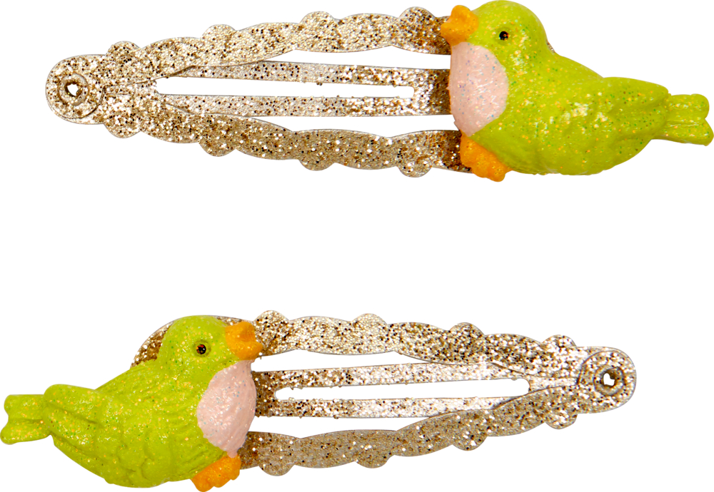 Zwei goldene Glitzer-Haarspangen mit je einem grünen und einem lilafarbenen Vogel mit rosa Bauch.